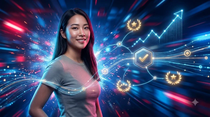 Minh họa quy trình đánh giá uy tín với bảng điều khiển holographic và lá chắn xác minh