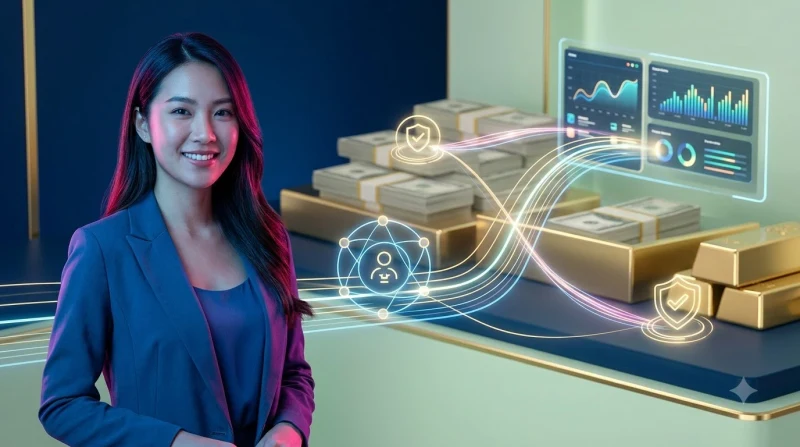 Minh họa ưu điểm rút tiền nhanh với giao diện holographic và ánh sáng cyan vàng trên nền tối