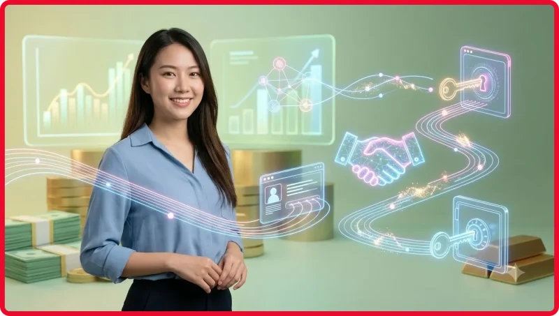 Minh họa ưu điểm rút tiền nhanh với giao diện holographic và ánh sáng cyan vàng trên nền tối