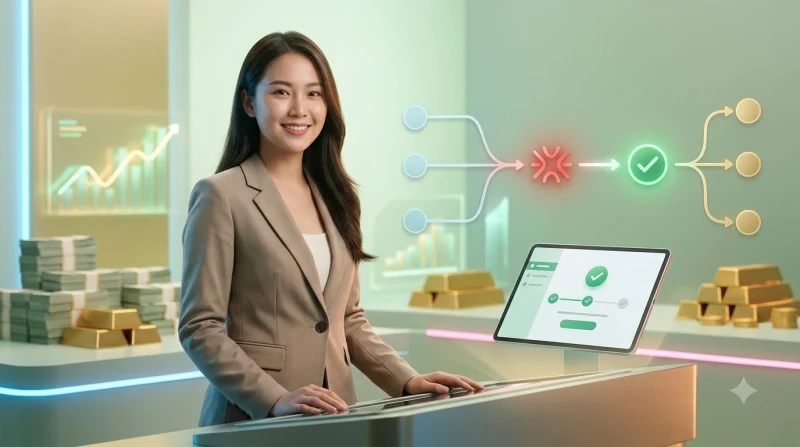 Minh họa xử lý lỗi rút tiền với giao diện chẩn đoán và tín hiệu cảnh báo chuyển thành xác nhận