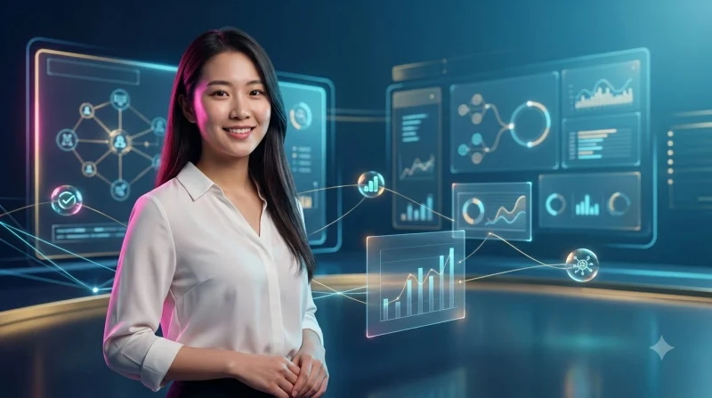 Phân tích quan trọng của việc soi kèo online với nữ chuyên gia ngồi trước màn hình holographic hiển thị dữ liệu bóng đá