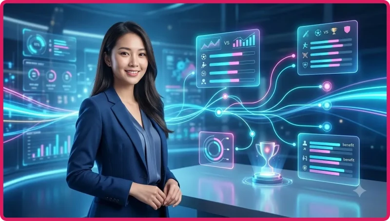 Phân tích quan trọng của việc soi kèo online với nữ chuyên gia ngồi trước màn hình holographic hiển thị dữ liệu bóng đá